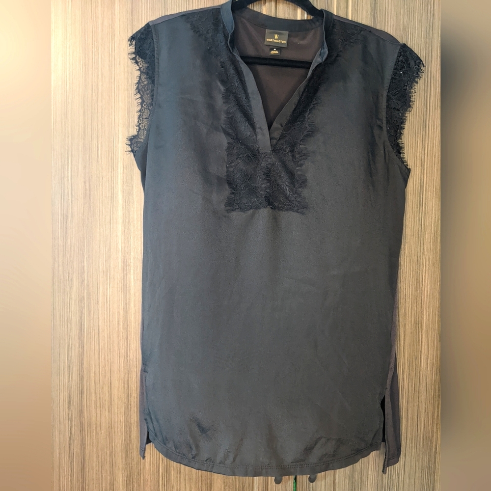 Worthington Lace Frilled Black Sleeveless Blouse, Medium